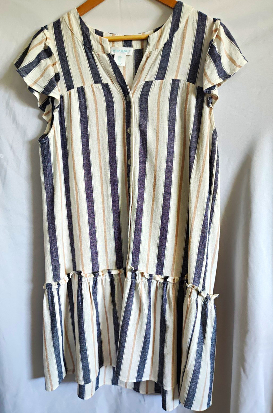 Cynthia Rowley Striped V-Neck Flutter Sleeve Button Ruffle Shift Dress M
